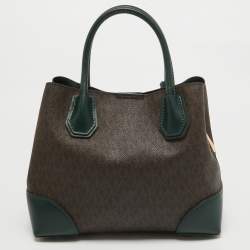 Pre Owned Michael Kors Green/Brown Signature Coated Canvas Small Mercer Gallery Tote