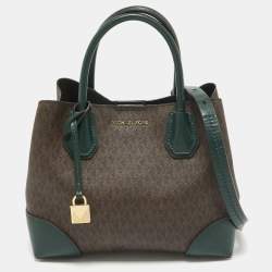Pre Owned Michael Kors Green/Brown Signature Coated Canvas Small Mercer Gallery Tote