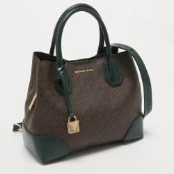 Pre Owned Michael Kors Green/Brown Signature Coated Canvas Small Mercer Gallery Tote