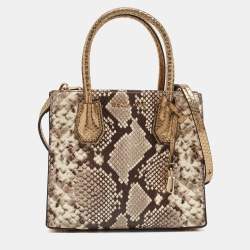 Michael Kors Beige/Gold Python Embossed Leather Mini Mercer Tote