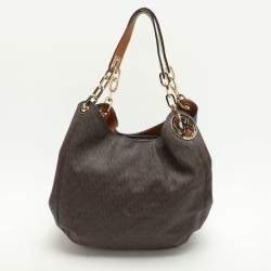 Pre Owned Michael Kors Dark Brown Signature Coated Canvas and Leather Fulton Hobo