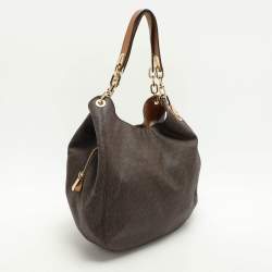 Pre Owned Michael Kors Dark Brown Signature Coated Canvas and Leather Fulton Hobo