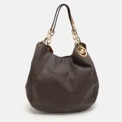 Pre Owned Michael Kors Dark Brown Signature Coated Canvas and Leather Fulton Hobo