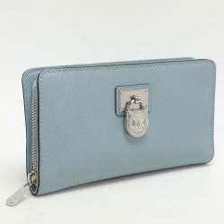 Pre Owned Michael Kors Blue Leather Zip Around Wallet