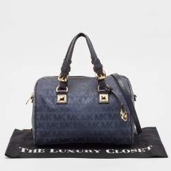 Pre Owned Michael Kors Navy Blue Signature Canvas and Leather Grayson Satchel