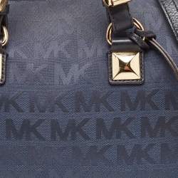 Pre Owned Michael Kors Navy Blue Signature Canvas and Leather Grayson Satchel