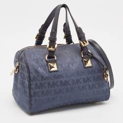 Pre Owned Michael Kors Navy Blue Signature Canvas and Leather Grayson Satchel