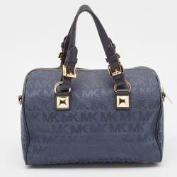 Pre Owned Michael Kors Navy Blue Signature Canvas and Leather Grayson Satchel