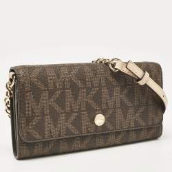 Michael Kors Dark Brown Signature Coated Canvas Jet Set Wallet On Chain