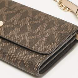 Michael Kors Dark Brown Signature Coated Canvas Jet Set Wallet On Chain