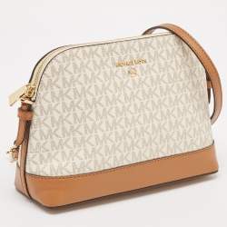 Pre Owned Michael Kors White/Brown Signature Coated Canvas and Leather Dome Crossbody Bag