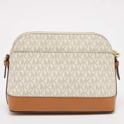 Pre Owned Michael Kors White/Brown Signature Coated Canvas and Leather Dome Crossbody Bag