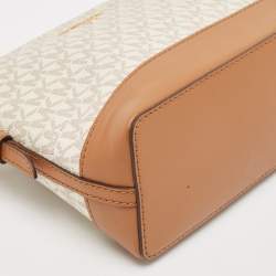 Pre Owned Michael Kors White/Brown Signature Coated Canvas and Leather Dome Crossbody Bag