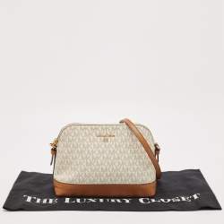 Pre Owned Michael Kors White/Brown Signature Coated Canvas and Leather Dome Crossbody Bag