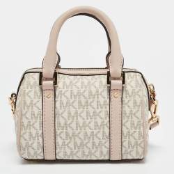 Pre Owned Michael Kors Pink/Grey Signature Coated Canvas Extra Small Bedford Legacy Crossbody Bag
