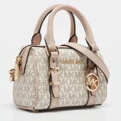Pre Owned Michael Kors Pink/Grey Signature Coated Canvas Extra Small Bedford Legacy Crossbody Bag
