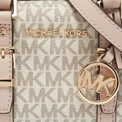 Pre Owned Michael Kors Pink/Grey Signature Coated Canvas Extra Small Bedford Legacy Crossbody Bag