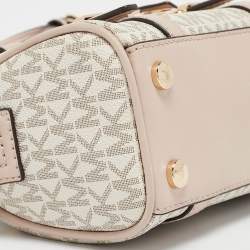 Pre Owned Michael Kors Pink/Grey Signature Coated Canvas Extra Small Bedford Legacy Crossbody Bag