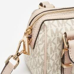 Pre Owned Michael Kors Pink/Grey Signature Coated Canvas Extra Small Bedford Legacy Crossbody Bag