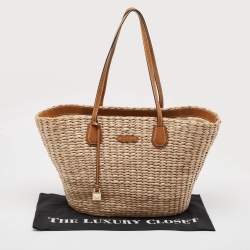 مملوكة مسبقًا Michael Kors Beige/Brown Woven Raffia and Leather Malibu Tote