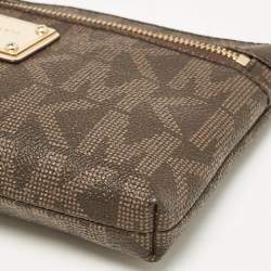 Pre Owned Michael Kors Dark Brown Signature Coated Canvas and Leather Wristlet Clutch