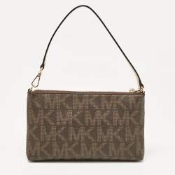 Pre Owned Michael Kors Dark Brown Signature Coated Canvas and Leather Wristlet Clutch