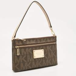 Pre Owned Michael Kors Dark Brown Signature Coated Canvas and Leather Wristlet Clutch