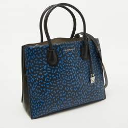 Michael Kors Black/Blue Leather and Coated Canvas Animal Print Mercer Tote