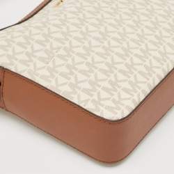 Pre Owned Michael Kors White/Brown Signature Coated Canvas and Leather Large Jet Set Crossbody Bag