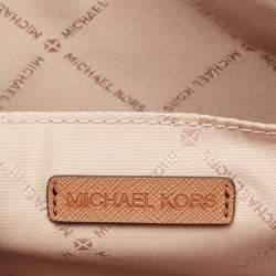 Pre Owned Michael Kors White/Brown Signature Coated Canvas and Leather Large Jet Set Crossbody Bag
