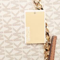 Pre Owned Michael Kors White/Brown Signature Coated Canvas and Leather Large Jet Set Crossbody Bag