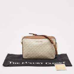 Pre Owned Michael Kors White/Brown Signature Coated Canvas and Leather Large Jet Set Crossbody Bag