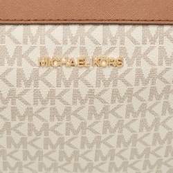 Pre Owned Michael Kors White/Brown Signature Coated Canvas and Leather Large Jet Set Crossbody Bag