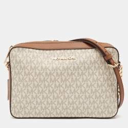 Pre Owned Michael Kors White/Brown Signature Coated Canvas and Leather Large Jet Set Crossbody Bag