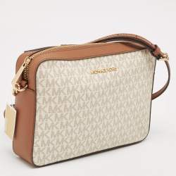Pre Owned Michael Kors White/Brown Signature Coated Canvas and Leather Large Jet Set Crossbody Bag