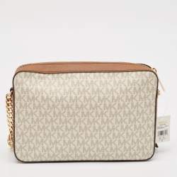 Pre Owned Michael Kors White/Brown Signature Coated Canvas and Leather Large Jet Set Crossbody Bag