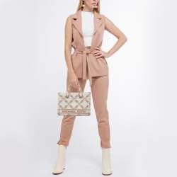 Pre Owned Michael Kors Beige/Brown Logo Jacquard Fabric Gigi Empire Tote