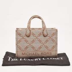 Pre Owned Michael Kors Beige/Brown Logo Jacquard Fabric Gigi Empire Tote