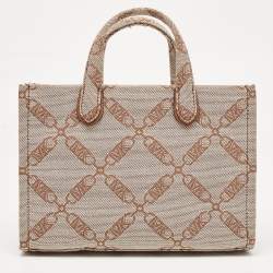 Pre Owned Michael Kors Beige/Brown Logo Jacquard Fabric Gigi Empire Tote