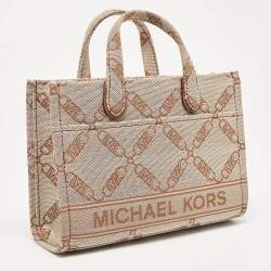 Pre Owned Michael Kors Beige/Brown Logo Jacquard Fabric Gigi Empire Tote