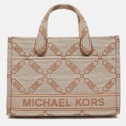 Pre Owned Michael Kors Beige/Brown Logo Jacquard Fabric Gigi Empire Tote