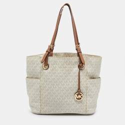 Michael Kors White/Brown Signature Coated Canvas Jet Set Tote