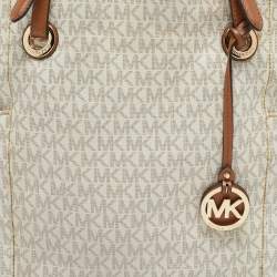 Michael Kors White/Brown Signature Coated Canvas Jet Set Tote