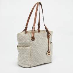 Michael Kors White/Brown Signature Coated Canvas Jet Set Tote