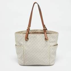 Michael Kors White/Brown Signature Coated Canvas Jet Set Tote