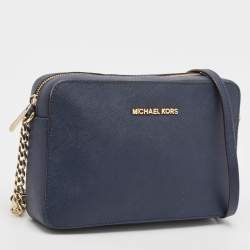 Pre Owned Michael Kors Navy Blue Leather Jet Set Camera Crossbody Bag