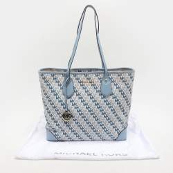 Pre Owned Michael Kors Light Blue/White Signature Coated Canvas and Leather Large Eva Tote