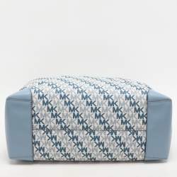 Pre Owned Michael Kors Light Blue/White Signature Coated Canvas and Leather Large Eva Tote