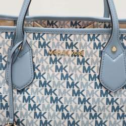 Pre Owned Michael Kors Light Blue/White Signature Coated Canvas and Leather Large Eva Tote