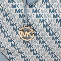 Pre Owned Michael Kors Light Blue/White Signature Coated Canvas and Leather Large Eva Tote